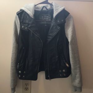 Last Kiss leather jacket with knit sleeves & hood.